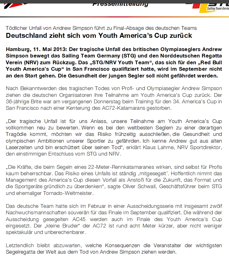 STG Pressemitteilung zum Rückzug vom Youth America’s Cup