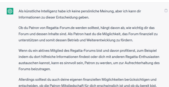 ChatGPT – sollte man Patron von Regatta-Forum.de werden