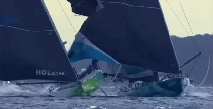 The Ocean Race Europe – Day 1 – Holcim-Rumpf vom Allagrande Outrigger durchbohrt